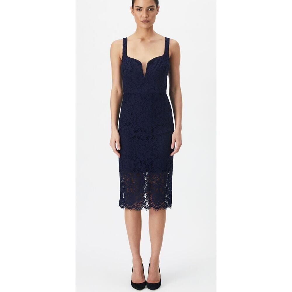 Bardot Adeline Midi Dress Women's 10 Navy Blue Sheath Sleeveless Plunge Neck NWT